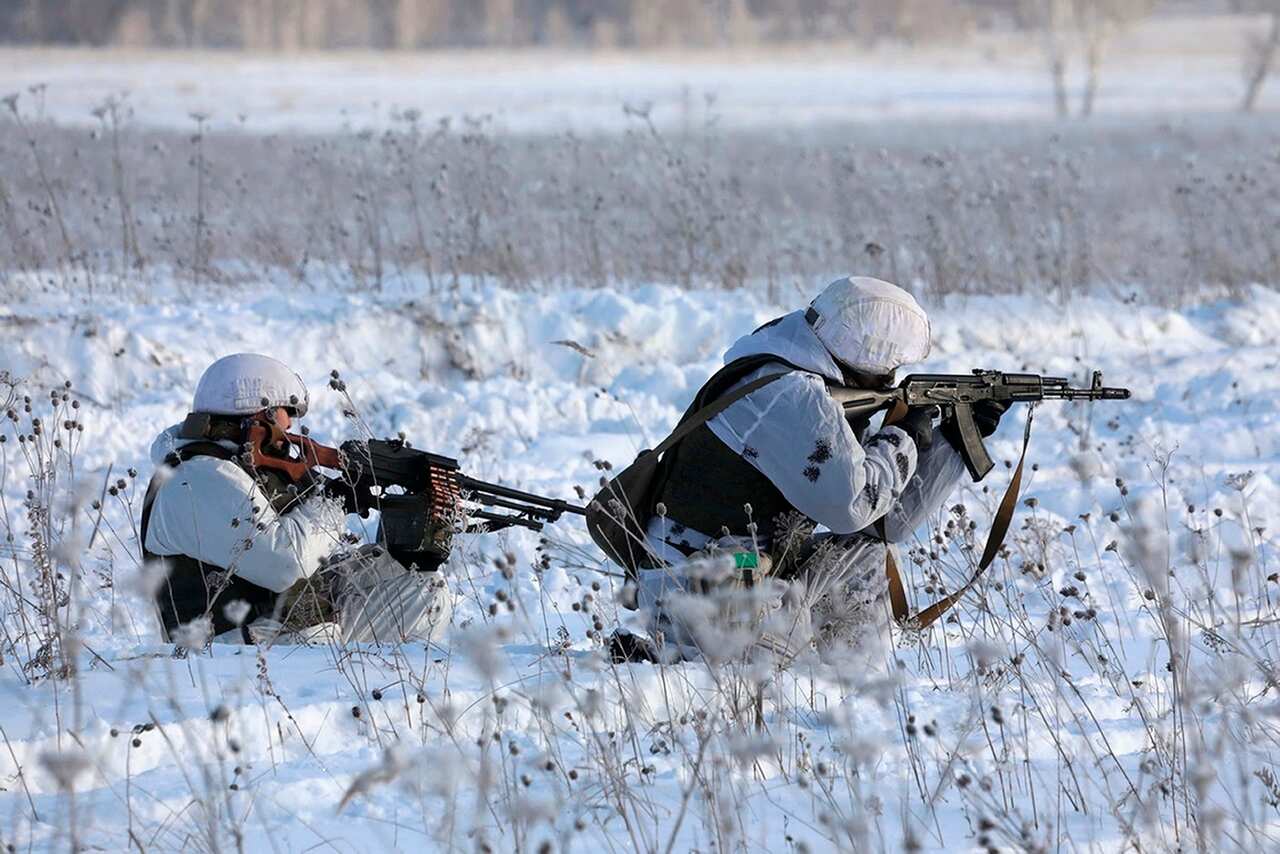 Russian soldiers take part in a military drills in Siberia, Russia.