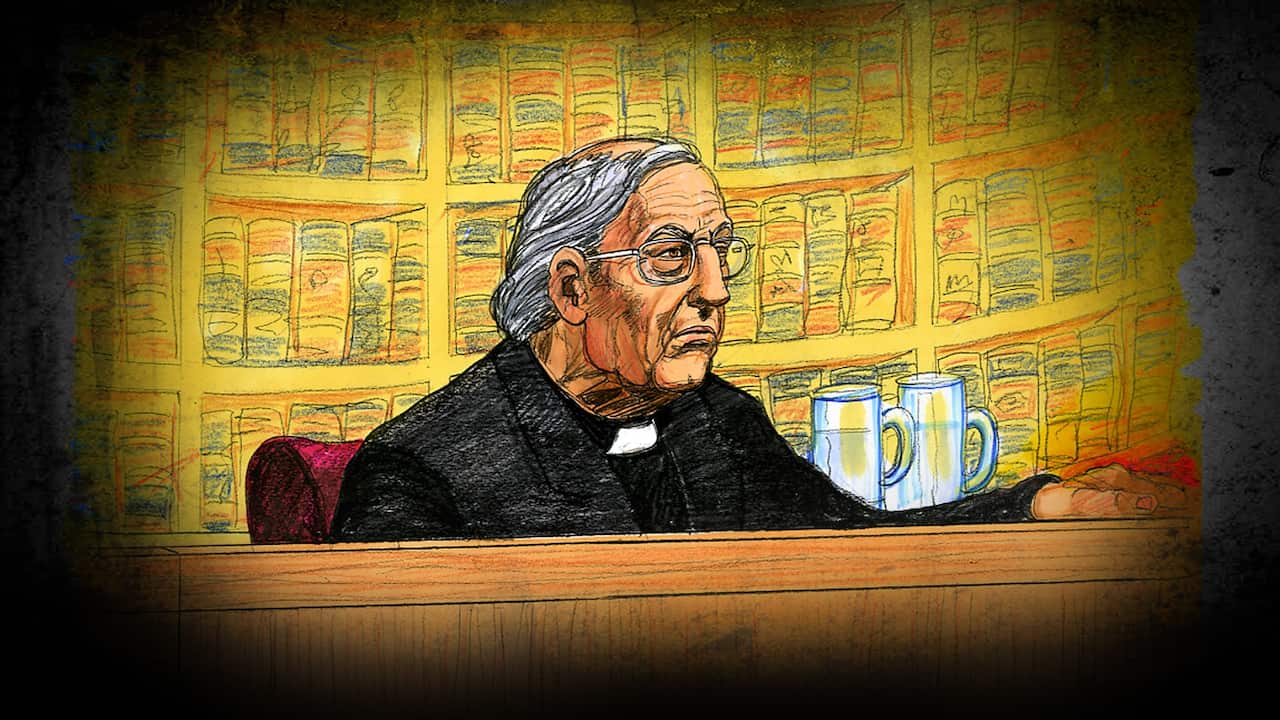 A court sketch of Cardinal George Pell at the Supreme Court as he listens to the judgement. 