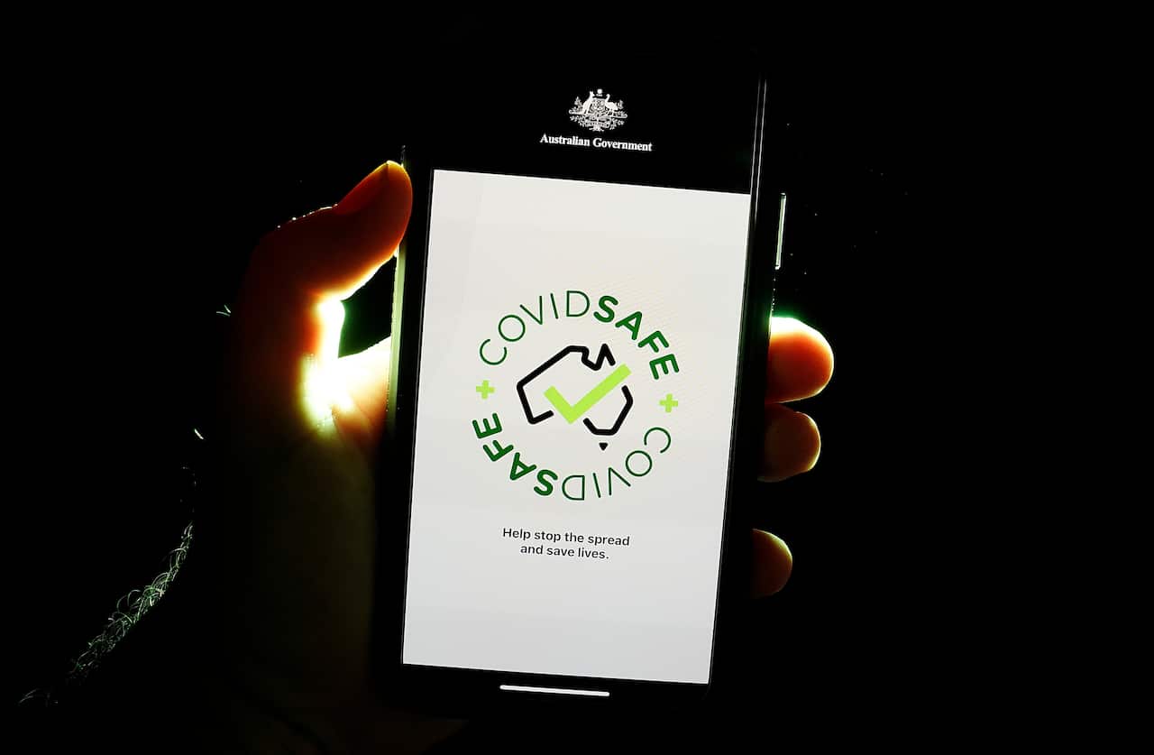 An iPhone device displays the CovidSafe app released by the Australian government.