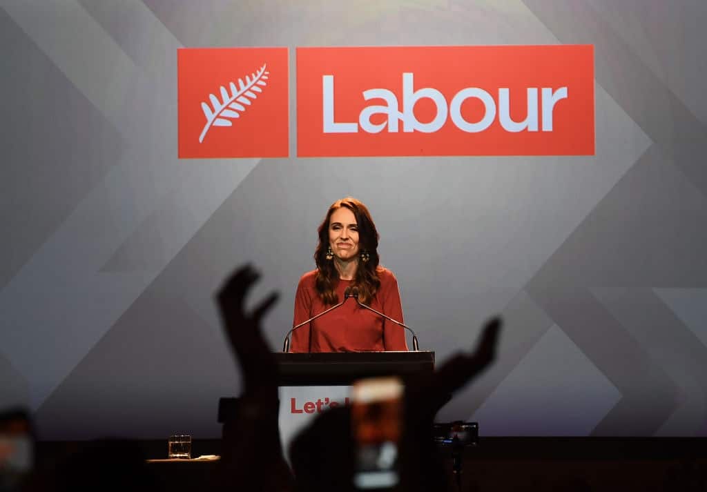 Labour Party leader and New Zealand Prime Minister Jacinda Ardern claims victory during the Labor Party Election Night Function in Auckland on 17 October.