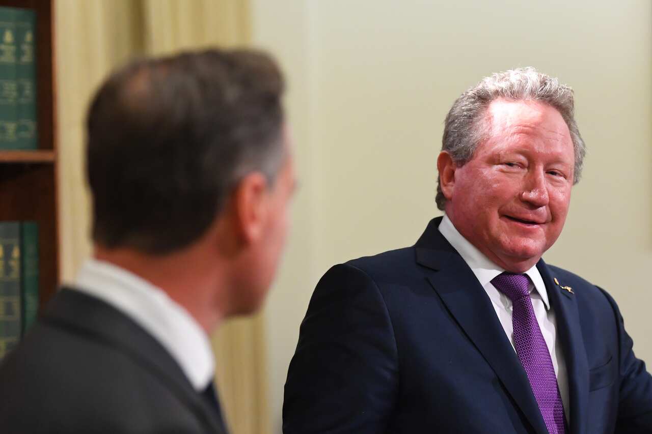 Andrew Forrest (right) at the Commonwealth Parliamentary Offices in Melbourne, Wednesday, April 29, 2020. 