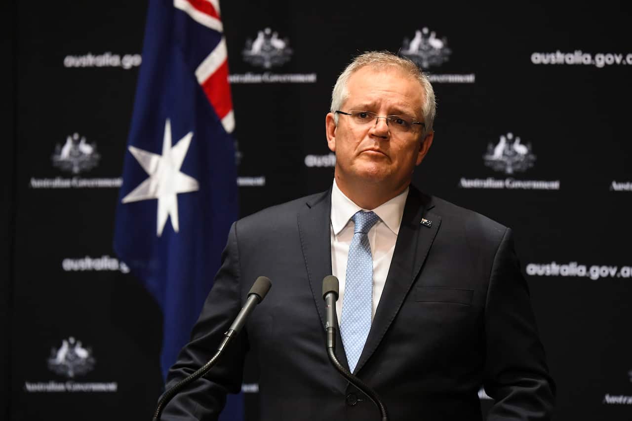 Australian Prime Minister Scott Morrison speaks to the media during a press conference at Parliament House in Canberra, Friday, June 12, 2020. (AAP Image/Lukas Coch) NO ARCHIVING