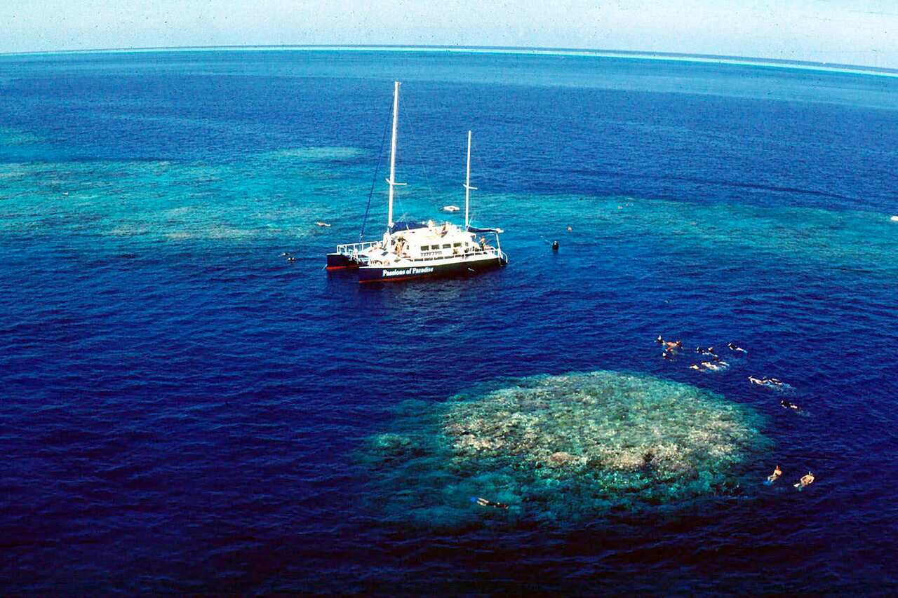 ourists snorkel around Upolu Cay on the Great Barrier Reef near Cairns off the Australian north east coast. 