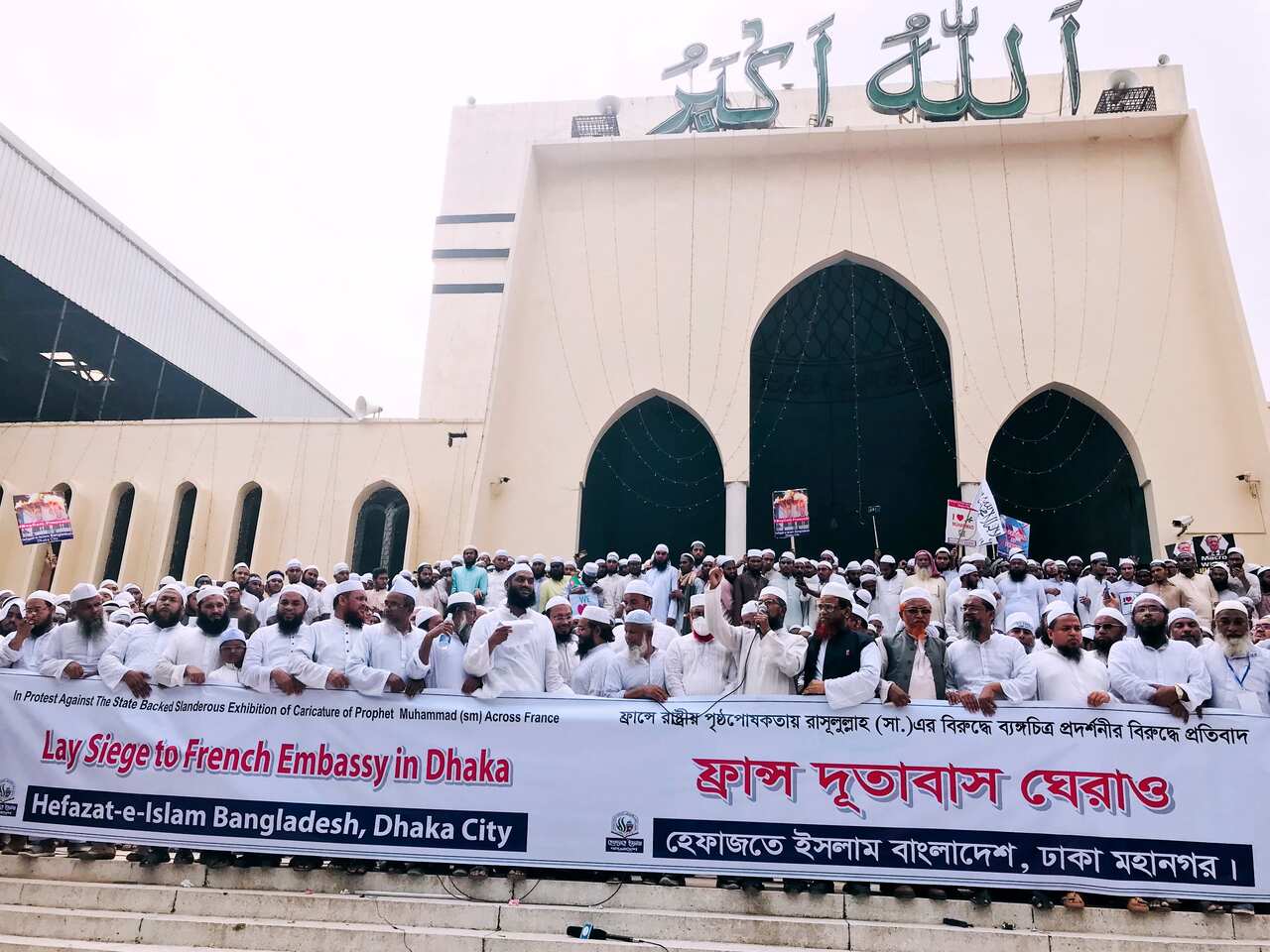 Thousands of Muslims protesting the French president’s support of secular laws.
