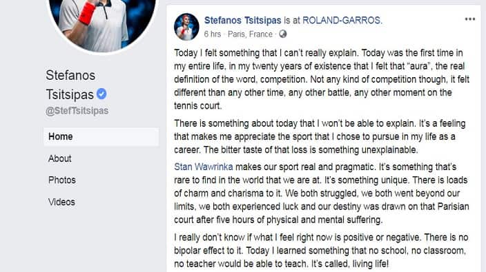 Stefanos Tsitsipas recent post on Facebook. 