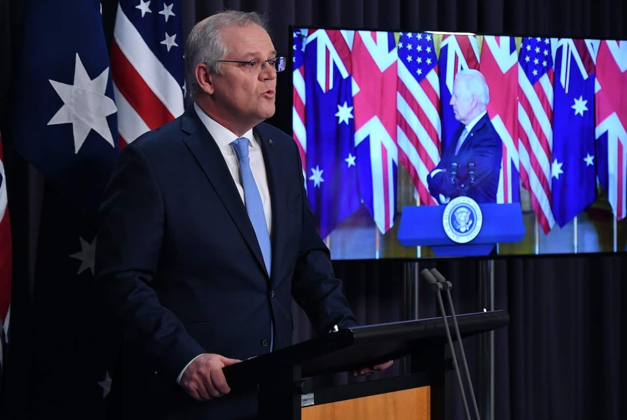 Prime Minister Scott Morrison during the AUKUS joint press conference with Britain’s Prime Minister Boris Johnson and US President Joe Biden