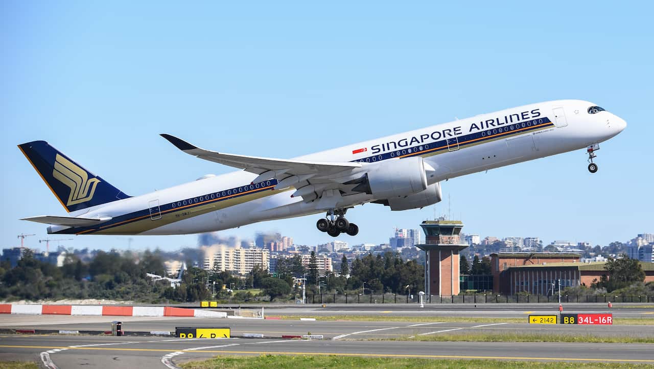 A Singapore Airlines Airbus A350-900 aircraft takes off at Kingsford Smith International airport on 5 August, 2020 in Sydney.