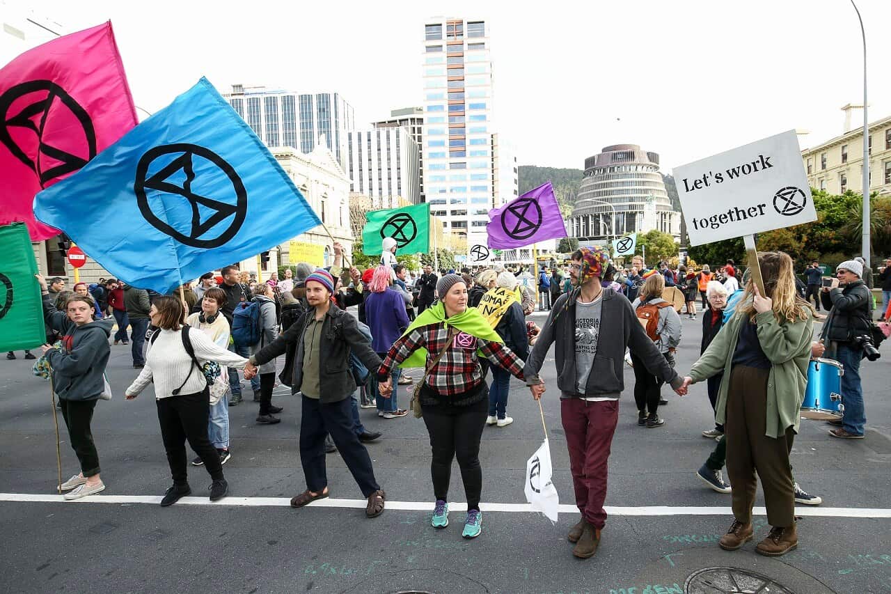 Protesters block an intersection in Wellington on Monday.