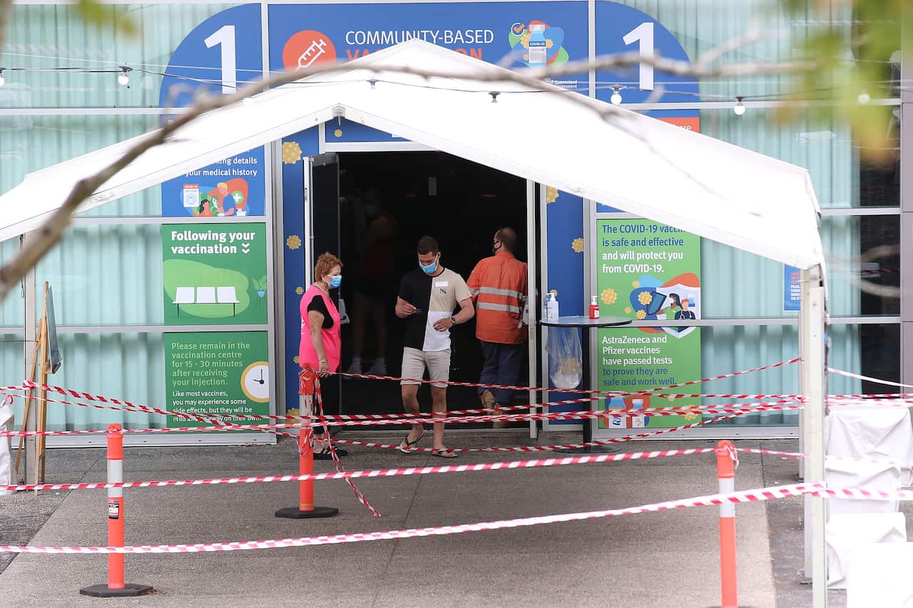 A general view outside a vaccination clinic at the Logan Entertainment center, south of Brisbane, Tuesday, November 2, 2021. (AAP Image/Jono Searle) NO ARCHIVING