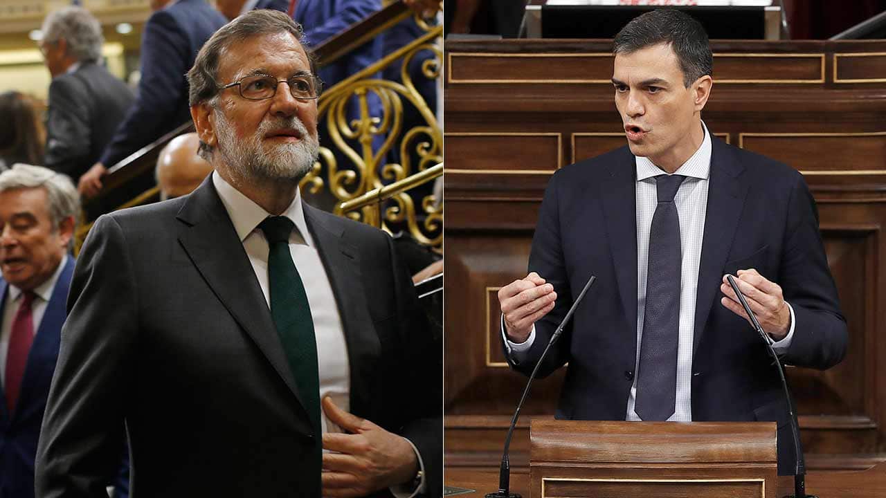 The Spanish PM Mariano Rajoy, left, has lost a no confidence vote and has been replaced by the Socialist leader Pedro Sanchez.