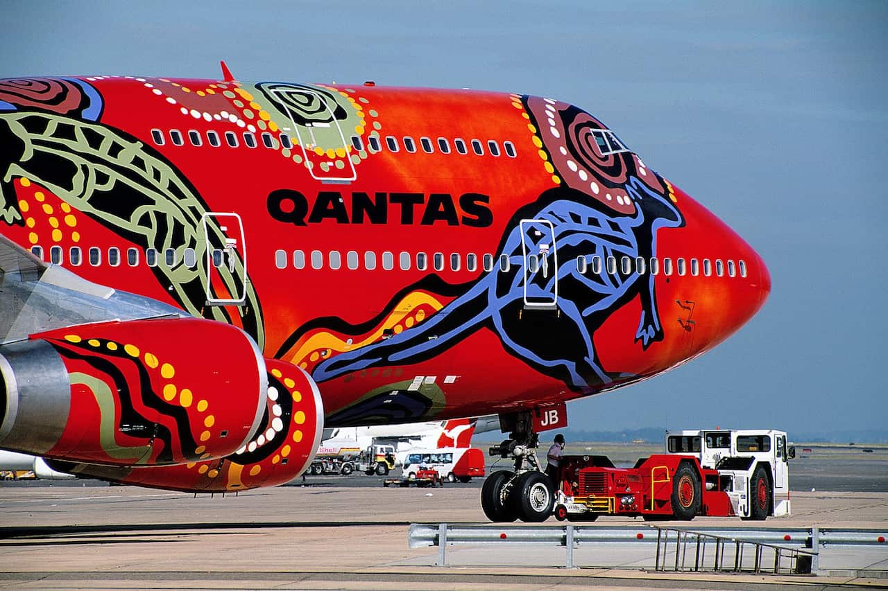 Supplied image of a Qantas Boeing 747 painted in Wunala Dreaming livery