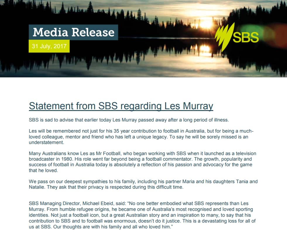 Statement from SBS regarding Les Murray