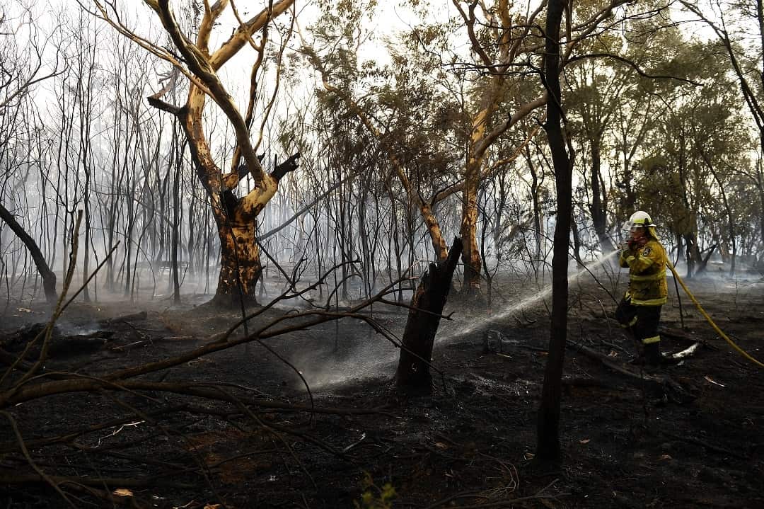 NSW Rural Fire Service crews mop up after a fire came close to homes at South Turramurra.