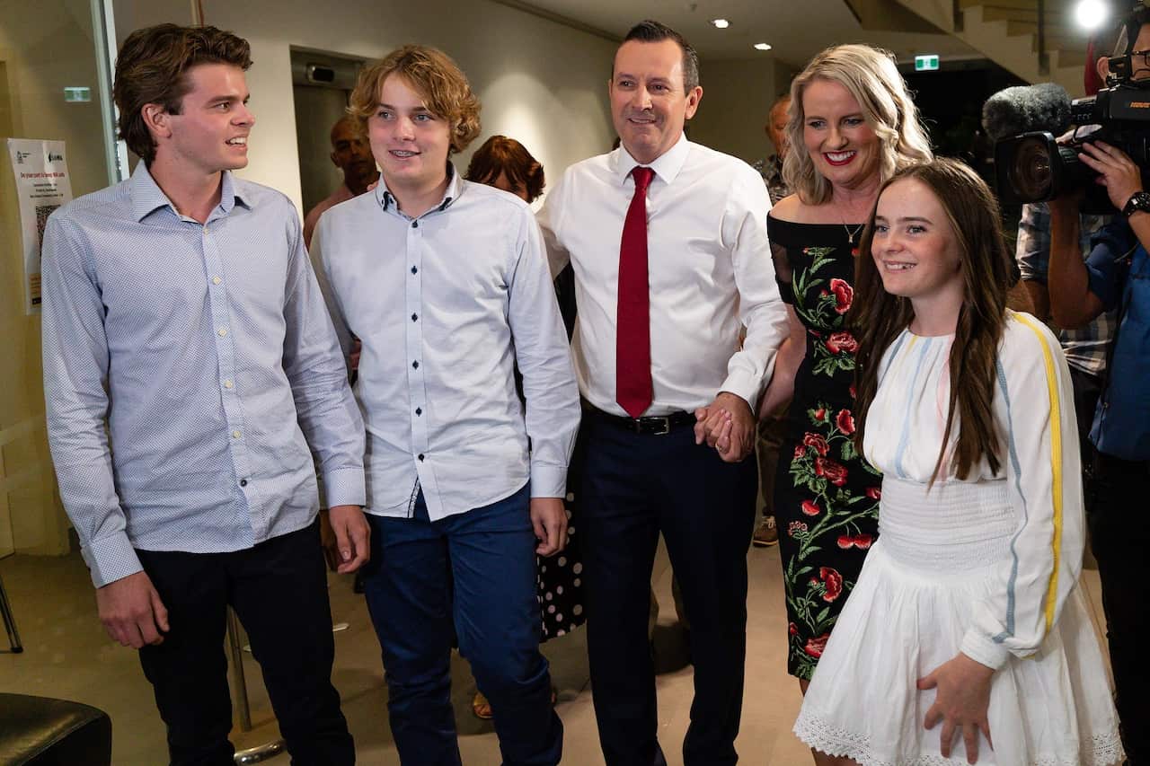 Mark McGowan and his family arrive at the party's election night event at the Gary Holland Community Centre in Rockingham.