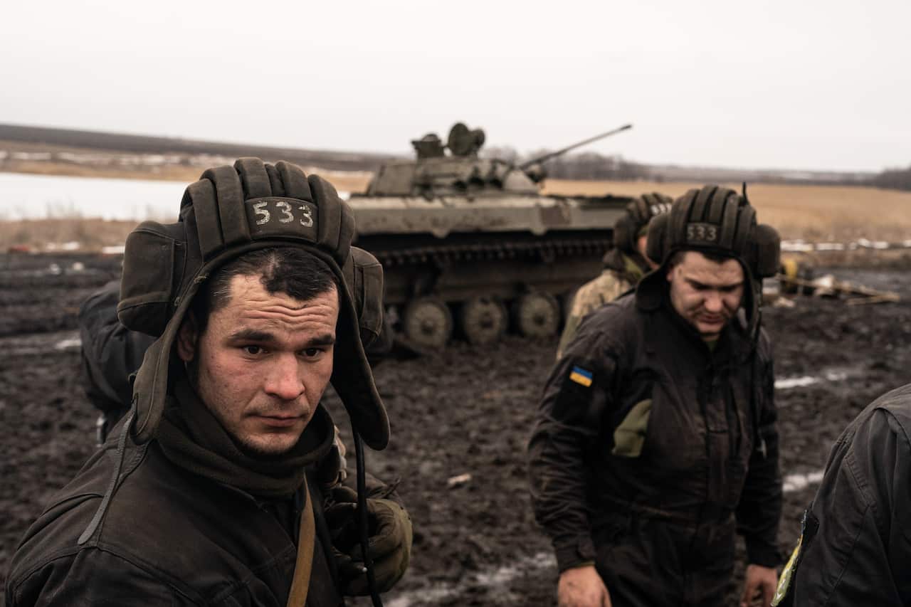 Ukrainian Servicemen are seen training in the Donetsk Region, Ukraine on 10 February, 2022. 