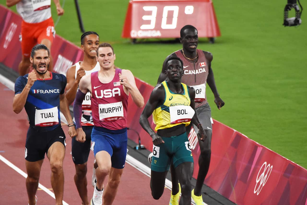 Gabriel Tual (FRA), Clayton Murphy (USA), Peter Bol (AUS) compete on men's 800m semi-final during the Olympic Games Tokyo 2020 on 1 August, 2021. 