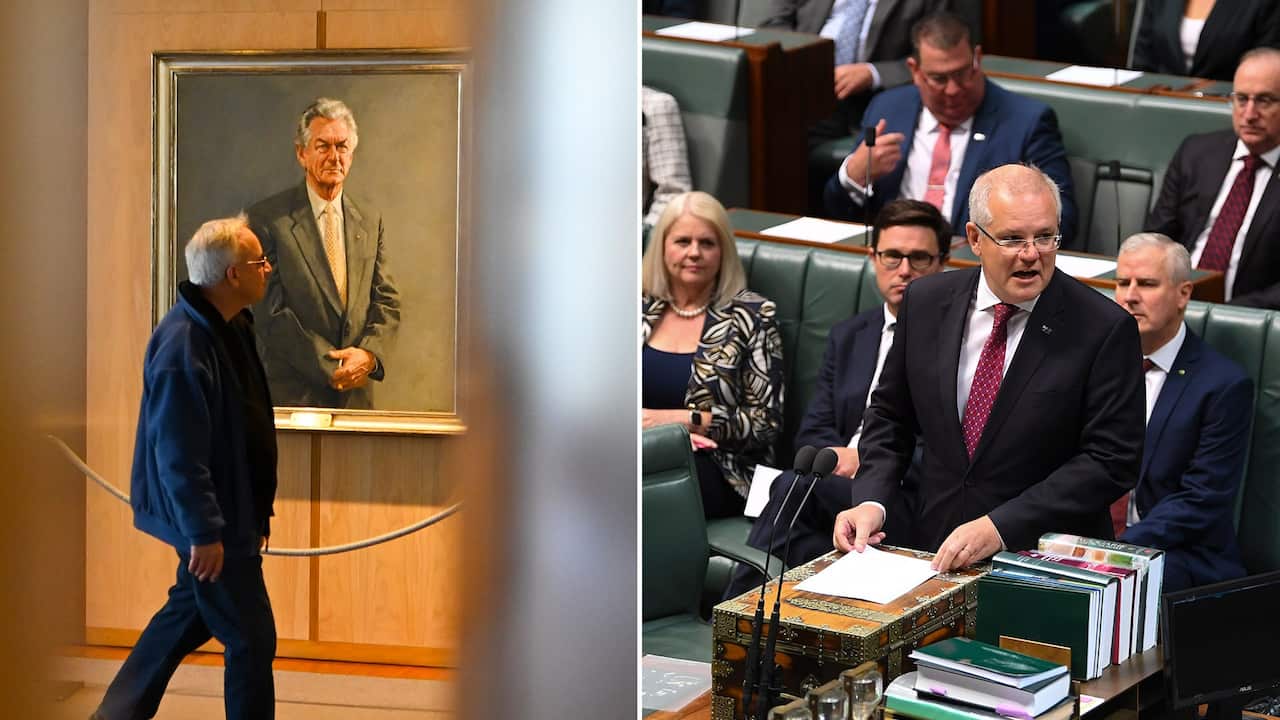 Split screen of Bob Hawke painting in Parliament House, and PM Scott Morrison