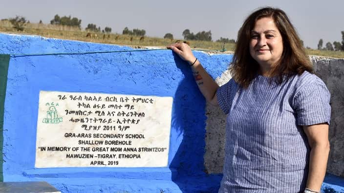 Greek Australian volunteer Maria Strintzos at Hawuzien, Tigray, Ethiopia where she built a library in memory of her mother, Ann Strintzos. 