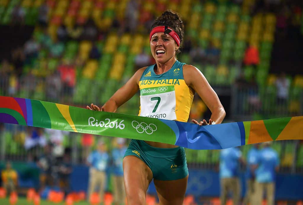 Chloe Esposito crosses the line to win the combined running/shooting portion of the women's modern pentathlon