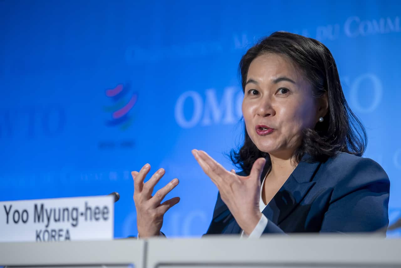 Yoo Myung-hee speaks during the press conferences of candidates for the WTO Director-General selection process.