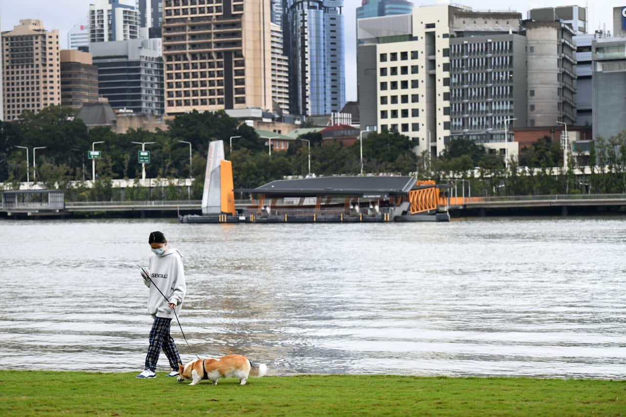 A woman walks her dog in Southbank during the last few hours of a lockdown in Brisbane.