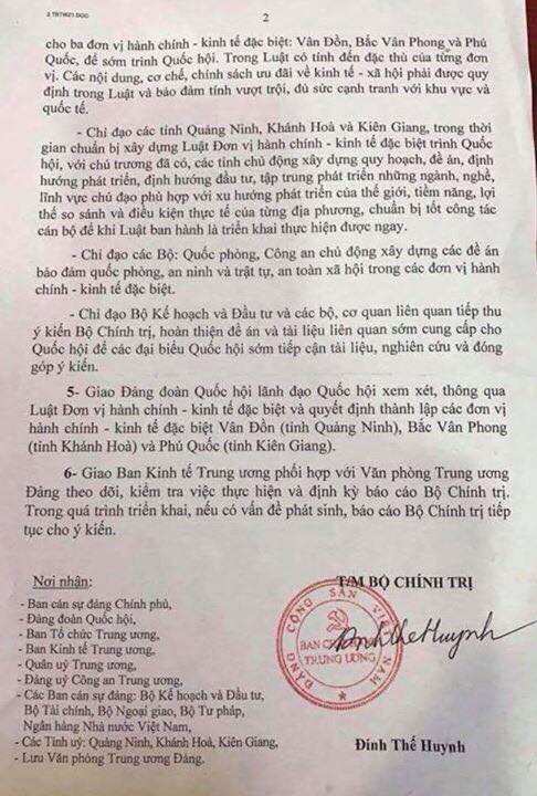 Văn bản được cho là do ông Đinh Thế Huynh -Trưởng ban Tuyến giáo TW ký từ 2017 về quyết định làm đặc khu từ Bộ chính Trị
