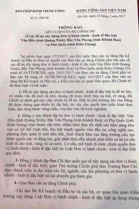 Văn bản được cho là do ông Đinh Thế Huynh -Trưởng ban Tuyến giáo TW ký từ 2017 về quyết định làm đặc khu từ Bộ chính Trị