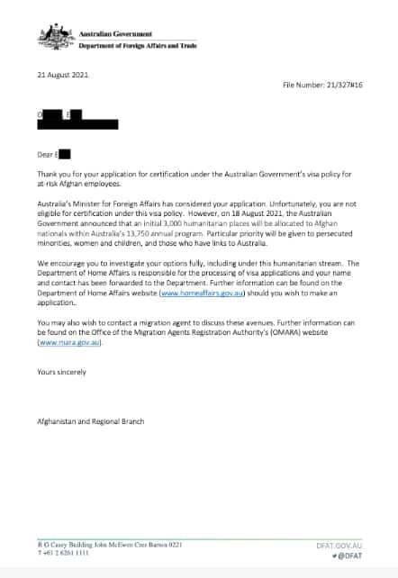 The letter sent by DFAT to Afghans who worked as guards for the Australian Defence Force.