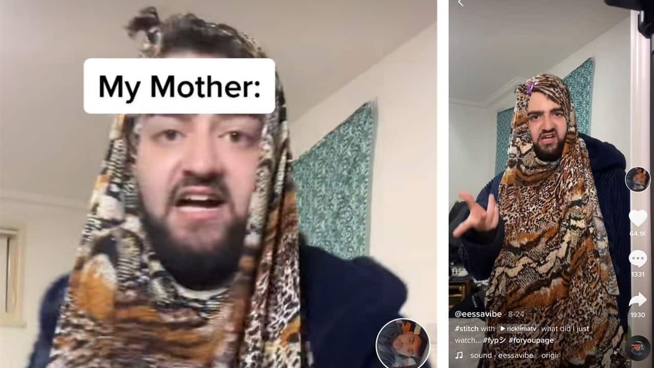 Eessa Abdallah poses as his mother in a comedy skit about his family life.