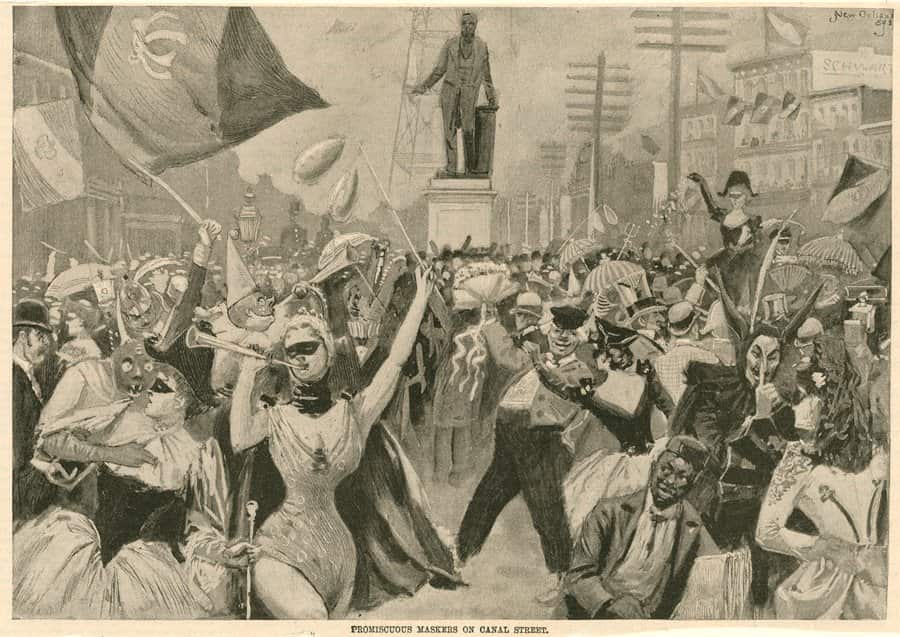 "Promiscuous Maskers on Canal Street". Scene of New Orleans Mardi Gras, 1893, with partying street maskers & costumers.