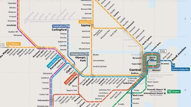 The new Sydney trains network map, with revamped T2, T5 and new T8 line.