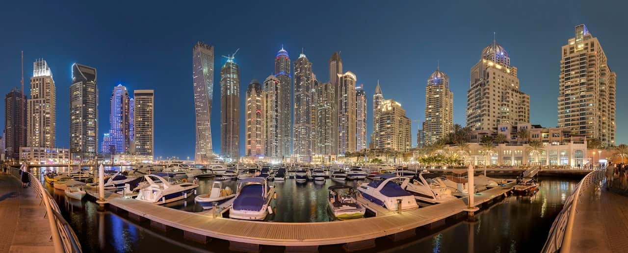 United Arab Emirates, Dubai, Dubai Marina at night, Panorama