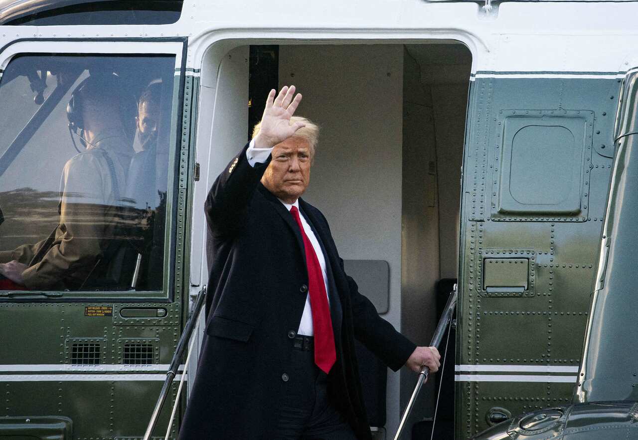 U.S. President Donald Trump waves as he boards Marine One on the South Lawn of the White House in Washington, D.C., U.S., on Wednesday, Jan. 20, 2021. Photo by Al Drago/Pool/ABACAPRESS.COM.