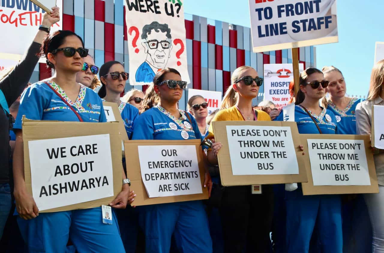 Hospital workers have rallied outside Perth Children’s Hospital following the death of Aishwarya Aswath. 
