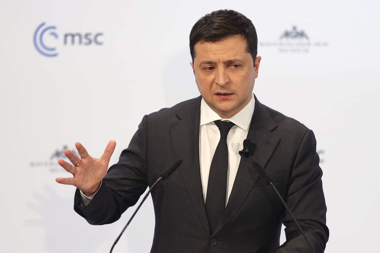 Ukrainian President Volodymyr Zelensky delivers a statement during the 58th Munich Security Conference.
