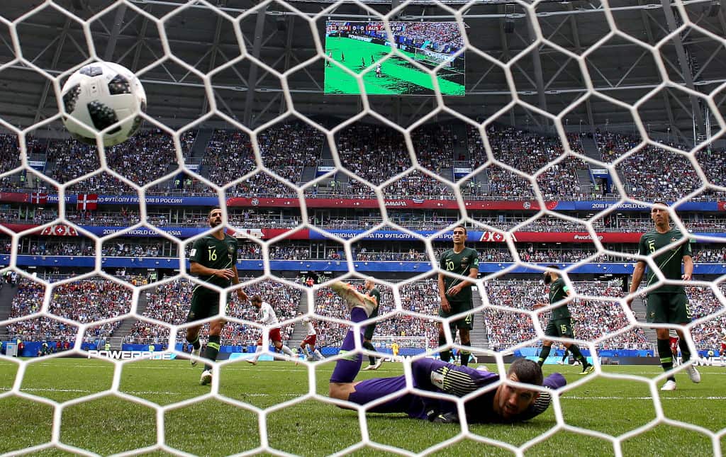 Australia's Mathew Ryan looks dejected after conceding during clash against Denmark .