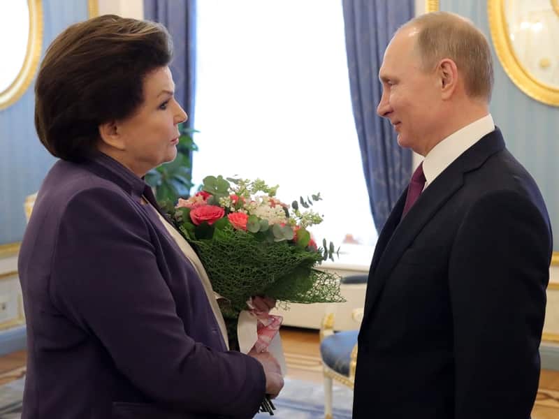 Female astronaut Valentina Tereshkova (L) with the Russian President