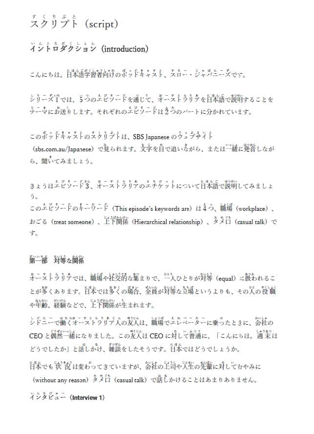 Script for Episode 3 for Slow Japanese, a podcast by SBS Japanese for the language learners.