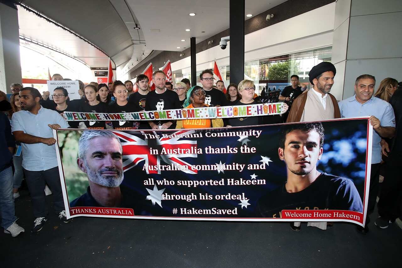 Supporters of Hakeem Al-Araibi wait for his arrival.