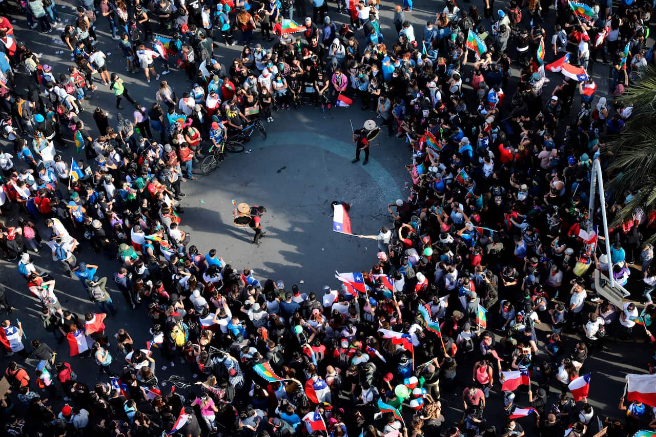 Anti-government protesters gather in Santiago, Chile.