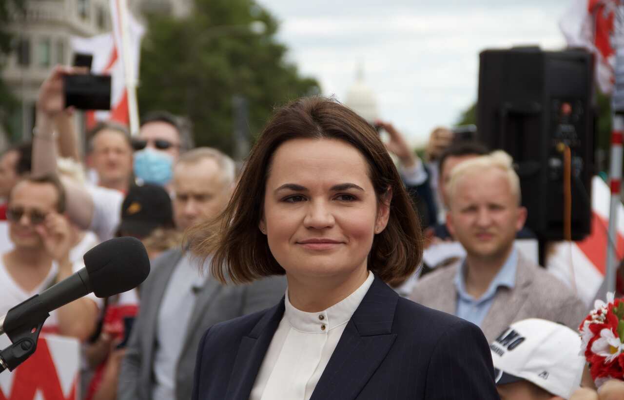 WASHINGTON, D.C., USA  JULY 18, 2021: Belarusian opposition leader Svetlana Tikhanovskaya looks on during a meeting with her supporters. Vladislav Pavlov/TASS/Sipa USA