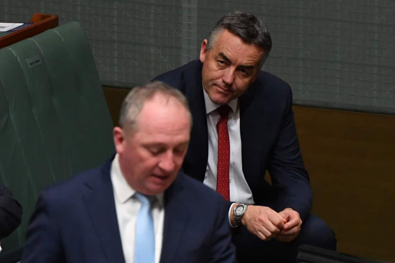 Deputy Prime Minister Barnaby Joyce and Nationals MP Darren Chester during Question Time in the House of Representatives at Parliament House on Wednesday.