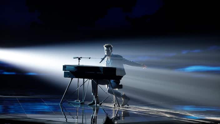 Duncan Laurence of the Netherlands performs during the 2019 Eurovision Song Contest second semi-final in Tel Aviv, Israel, Thursday, May 16, 2019. (AP Photo/Sebastian Scheiner)