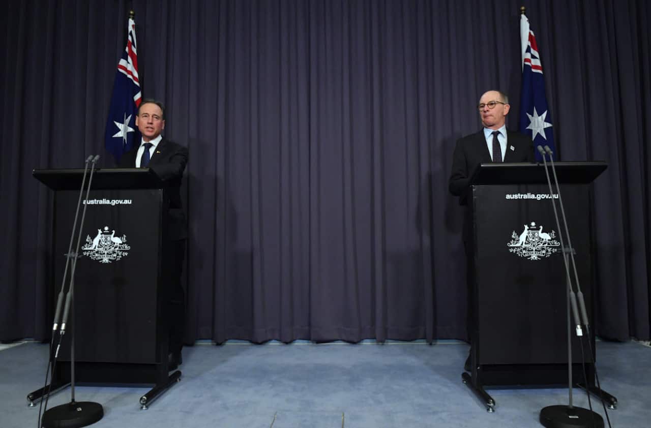 Minister for Health Greg Hunt and Chief Health Officer Paul Kelly at a press conference at Parliament House in Canberra, Monday, November 29, 2021.