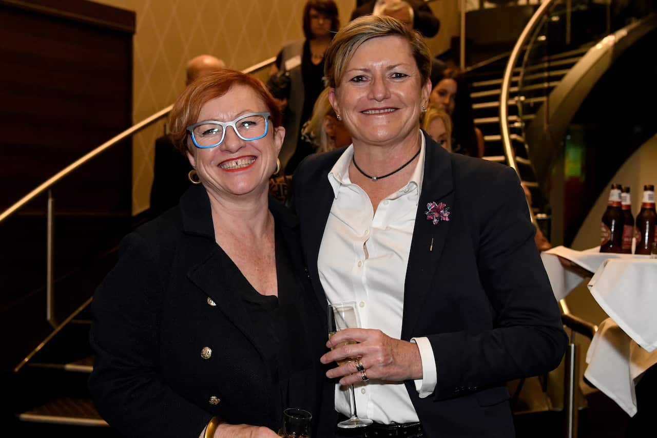 Virginia Flitcroft and Christine Forster arrive for a tribute dinner for former prime minister Tony Abbott at the Miramare Gardens in Sydney.