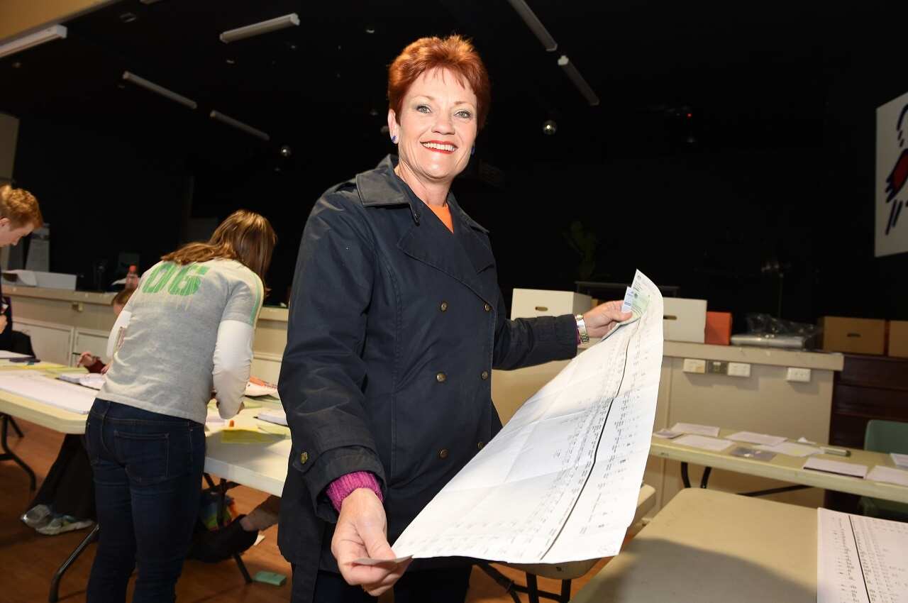 Pauline Hanson with a 2016 senate ballot paper.