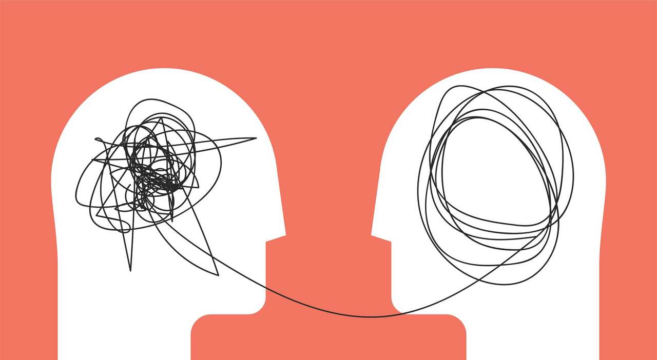 Two humans head silhouette psycho therapy concept. Therapist and patient. Vector illustration for psychologist blog or social media post.
