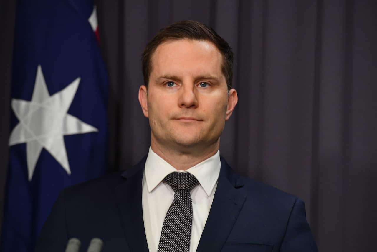 Minister for Immigration Alex Hawke at a press conference at Parliament House in Canberra.
