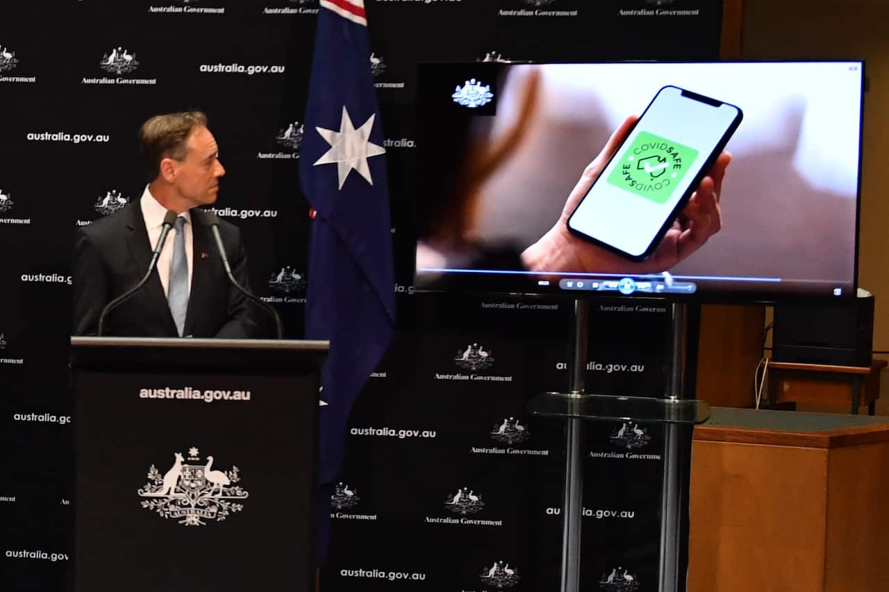 Minister for Health Greg Hunt at a press conference to launch the new government app "CovidSafe" at Parliament House in Canberra, Sunday, April 26, 2020. (AAP Image/Mick Tsikas) NO ARCHIVING