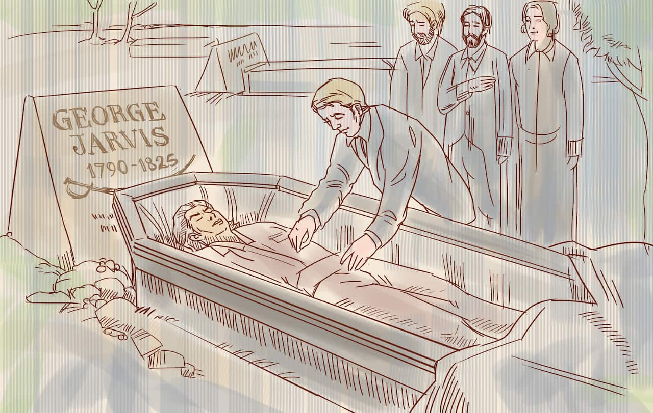 Artist's illustration of the burial of George Jarvis on the Isle of Mull
